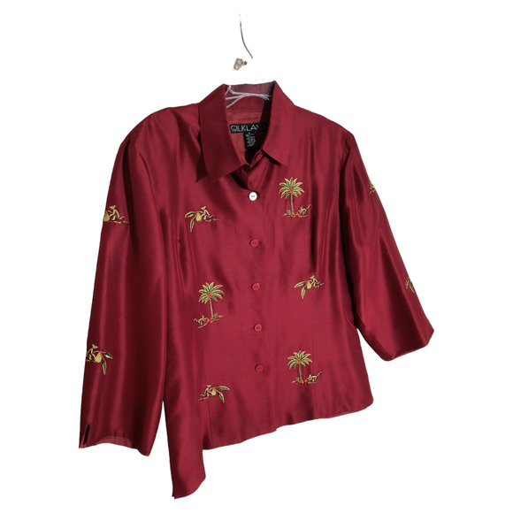Silk Land Silk Blouse Women's 16 Red Button Down Embroidered Beaded Long Sleeve - Picture 4 of 13